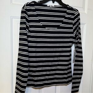 Three Dots Black Scoop Neck Blouse White Stripes Large NWT Cotton Comfy
